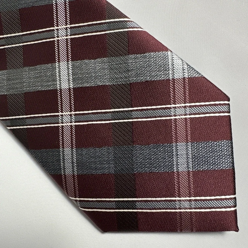 NWT Platinum Designs Neck Tie Mens Designer Luxury Gray Burgundy Plaid Business